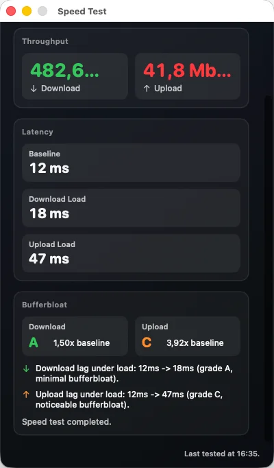 WiFyi bufferbloat hero image showing latency under load and separate bufferbloat grades on Mac
