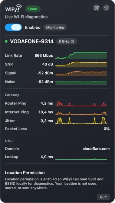 WiFyi popover on Mac used to validate latency and connection quality after a router channel change