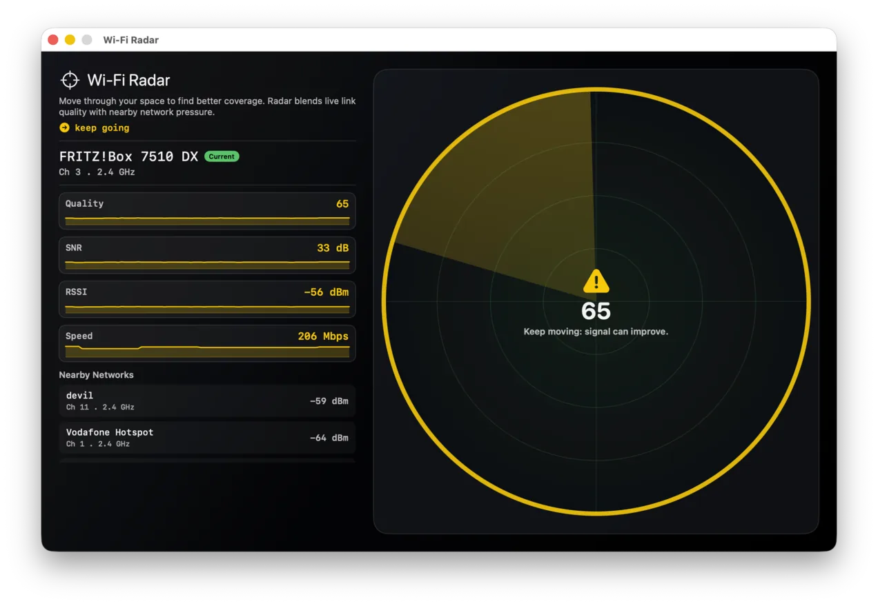 WiFyi radar mode for Mac helping find the best Wi-Fi signal spot and fix slow Wi-Fi
