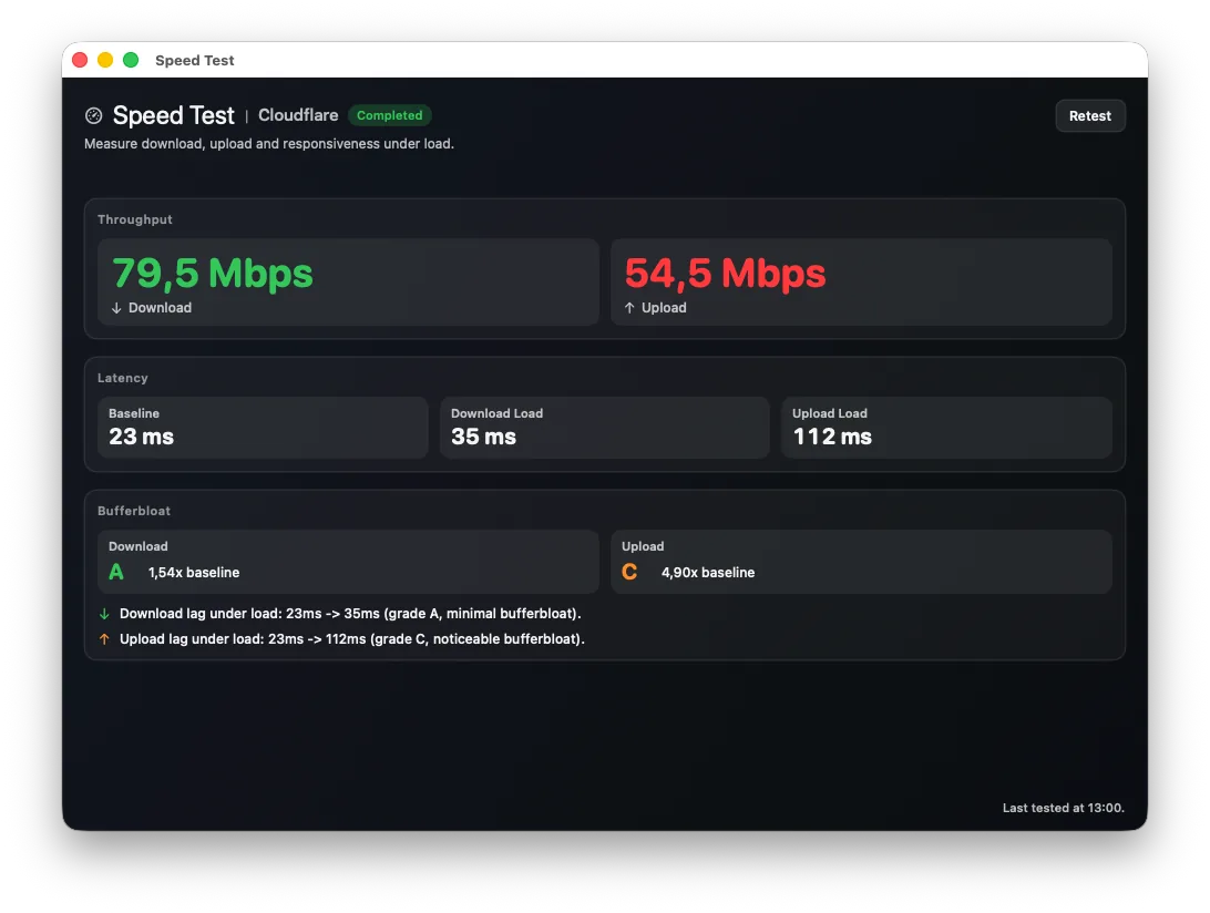 WiFyi speed test window on Mac showing download speed, upload speed, baseline latency, loaded latency, and separate bufferbloat grades for download and upload